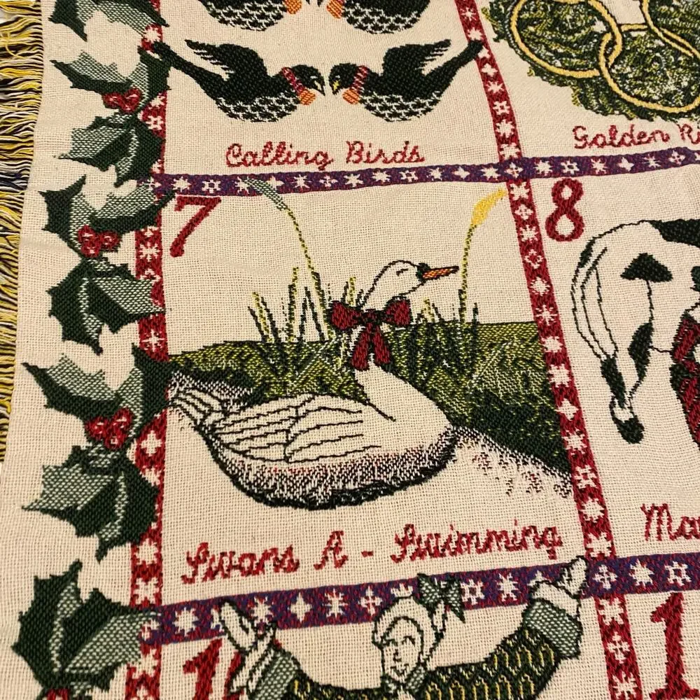 Vintage 12 Days of Christmas Woven Tapestry Throw Blanket Fringe 49x71 Large
